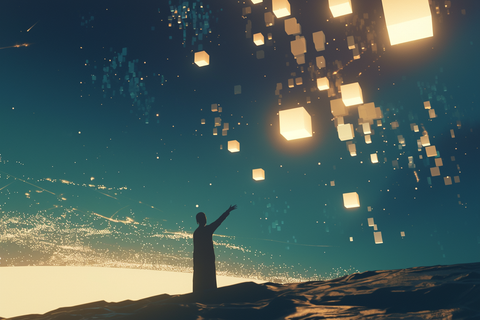 一位人物站在夢幻的藍色空間前,仰望並伸手觸及漂浮在空中的發光立方體,象徵在線上藝術平台上挑選理想藝術作品的意向,每個立方體如同不同的藝術選項,營造出探索與發現藝術品的氛圍。