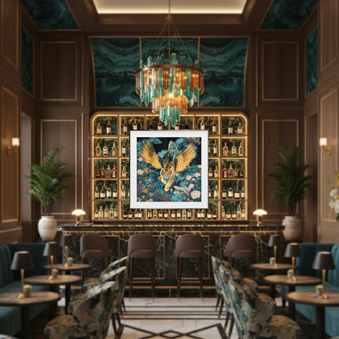 收藏品藝術畫作《如虎添翼》掛於酒吧背牆中央,奢華吊燈映襯,凸顯霸氣視覺焦點。