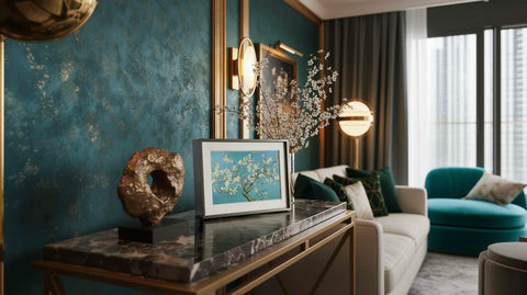 特寫前方桌几上的一個優雅相框裝有梵谷杏花盛開畫作,場景設置於現代風格的客廳,壁面為青綠色,點綴金色裝飾,搭配綠色靠枕和窗簾,以及大理石檯面的咖啡桌。整體風格展現了奢華的室內設計