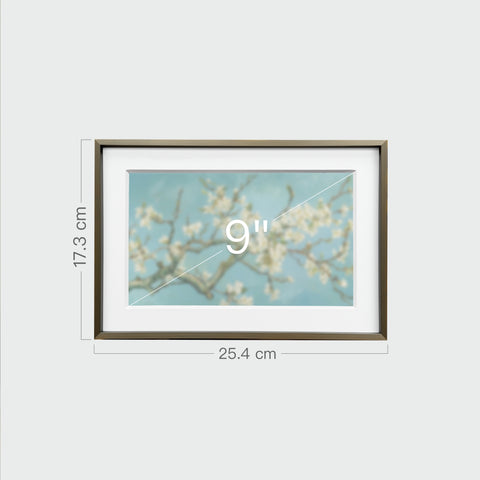 《杏花盛開》裱框畫作尺寸示意,長 25.4 公分、寬 17.3 公分,畫芯對角線 9 吋。