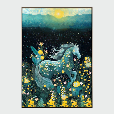 一幅描繪晨曦曠野中奔騰寶馬的奇幻畫作,畫面中央是一匹青藍色長鬃駿馬,自滿佈星光與花草的黑色花田中躍起,馬身佈滿淡黃與粉色小花,如春神降臨。背景天際為日出金光,穿透薄霧灑落山巒與野地,象徵破曉時刻的希望與生機。整體畫風夢幻詩意,融合數位生成美學與東方祥瑞意象,為空間注入朝氣與祝福。