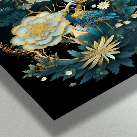 松鶴圖細部特寫,展現芙蓉花瓣、松葉與鶴羽細膩筆觸,融合金色與藍綠色調,體現現代東方美學,每筆手繪皆展現藝術家獨到風格。