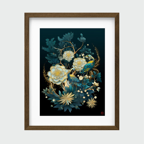 垂直構圖的松鶴圖現代中華藝術畫作,雙鶴並立松樹間,芙蓉花盛開,畫面色彩層次分明,象徵祥瑞長壽、家族繁榮,現代家居收藏首選。