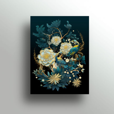 新中華風松鶴圖藝術畫作,主題為松樹、雙鶴與芙蓉花,融合琥珀金色與青藍色調,象徵長壽、長青與財富,每幅由藝術家江汪家興獨特手繪點綴,作品充滿層次與精緻細節。
