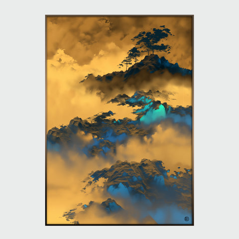 一幅描繪晨曦山巒的直幅畫作,以溫暖金黃為天光主色,山稜以層層深藍與青翠色堆疊,遠景薄霧環繞,展現日出時分的靜謐與希望。畫面頂部有數株挺立的松樹,象徵堅韌與生命力。整體以黑框裝裱,色彩鮮明、富層次感,適合擺放於居家客廳或辦公空間,喚起早晨蓬勃朝氣與清新心境。
