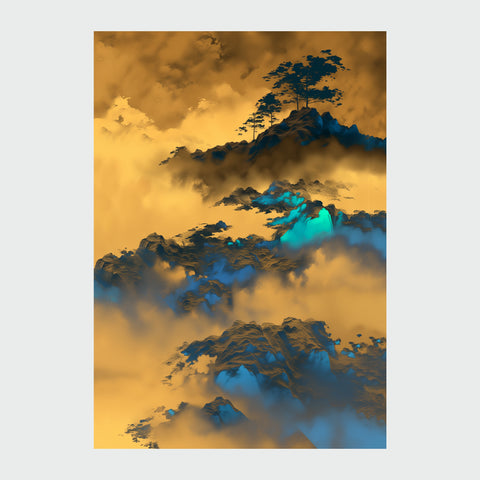 描繪晨曦山巒的直幅畫作,以溫暖金黃為天光主色,山稜以層層深藍與青翠色堆疊,遠景薄霧環繞,展現日出時分的靜謐與希望。畫面頂部有數株挺立的松樹,象徵堅韌與生命力。整體以黑框裝裱,色彩鮮明、富層次感,適合擺放於居家客廳或辦公空間,喚起早晨蓬勃朝氣與清新心境。