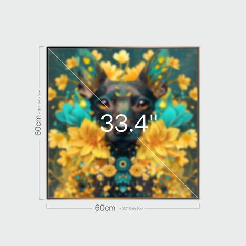 黃金花與翠綠葉包圍的臺灣犬藝術畫作,標示60x60cm與33.4吋對角線,背景為繽紛花卉。