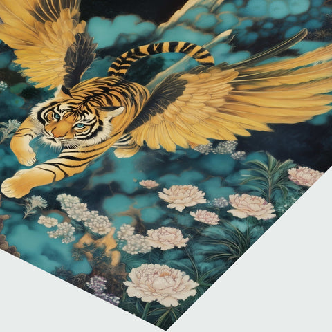 《如虎添翼》局部細節,虎紋與羽翼筆觸精細,金黃與墨綠形成強烈對比。