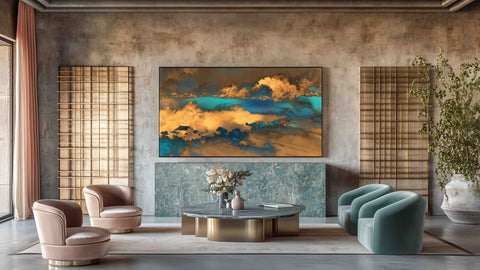 Modern luxury lounge with art deco interior and abstract wall art of teal mountain haze with golden shining clouds