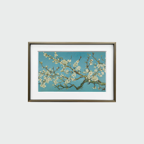正面展示的《杏花盛開》裝裱畫作，置於金屬質感相框內，畫面呈現藍天與盛開的白色杏花枝條。