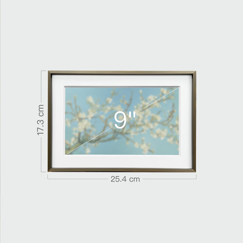 《杏花盛開》裱框畫作尺寸示意，長 25.4 公分、寬 17.3 公分，對角線 9 吋。