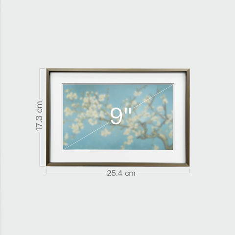 《杏花盛開》掛畫尺寸示意，畫芯9吋，寬25.4公分，高17.3公分。