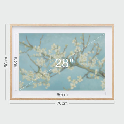 《杏花盛開》掛畫尺寸示意，畫芯28吋，裱框後寬70公分，高50公分。