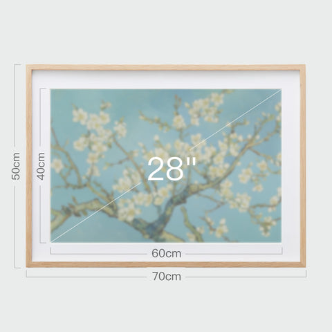 《杏花盛開》掛畫尺寸示意：外框70×50公分，畫芯約28吋（60×40公分）。