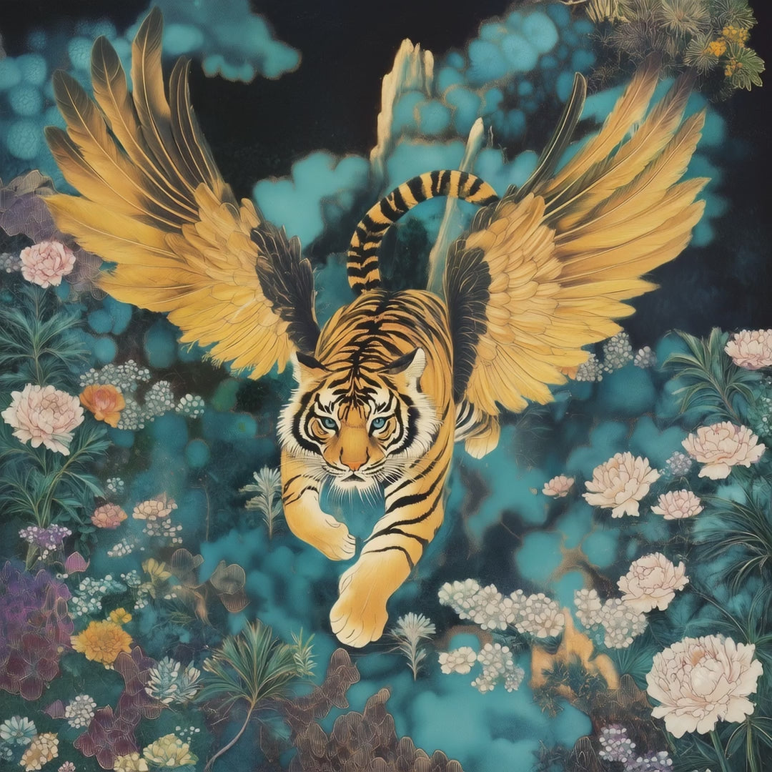 《如虎添翼》金翼猛虎昂首前行，雙翼張開於花叢與碧藍背景間，畫面震撼奪目。因為您打算收藏一隻牠高興到振翅轉一圈翻身！