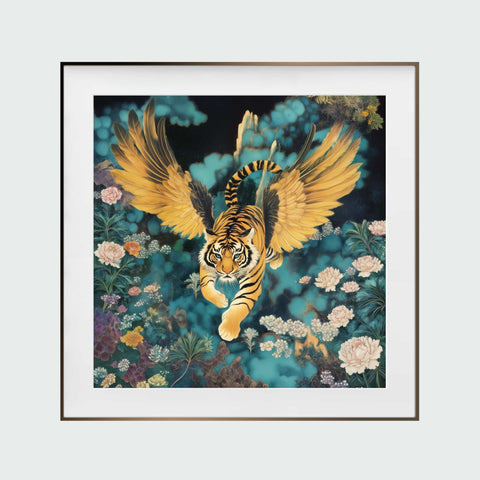 《如虎添翼》金翼猛虎昂首前行，雙翼張開於花叢與碧藍背景間，畫面震撼奪目。