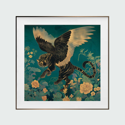 《如虎添翼》掛畫正面照，黑金虎展翼於花叢間，搭配木色細框，呈現東方雅緻。