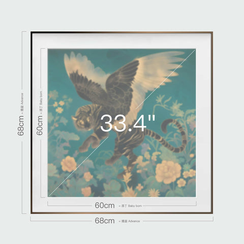 《如虎添翼》掛畫尺寸示意，畫芯 60 公分，含框 68 公分，33.4 吋展示比例。